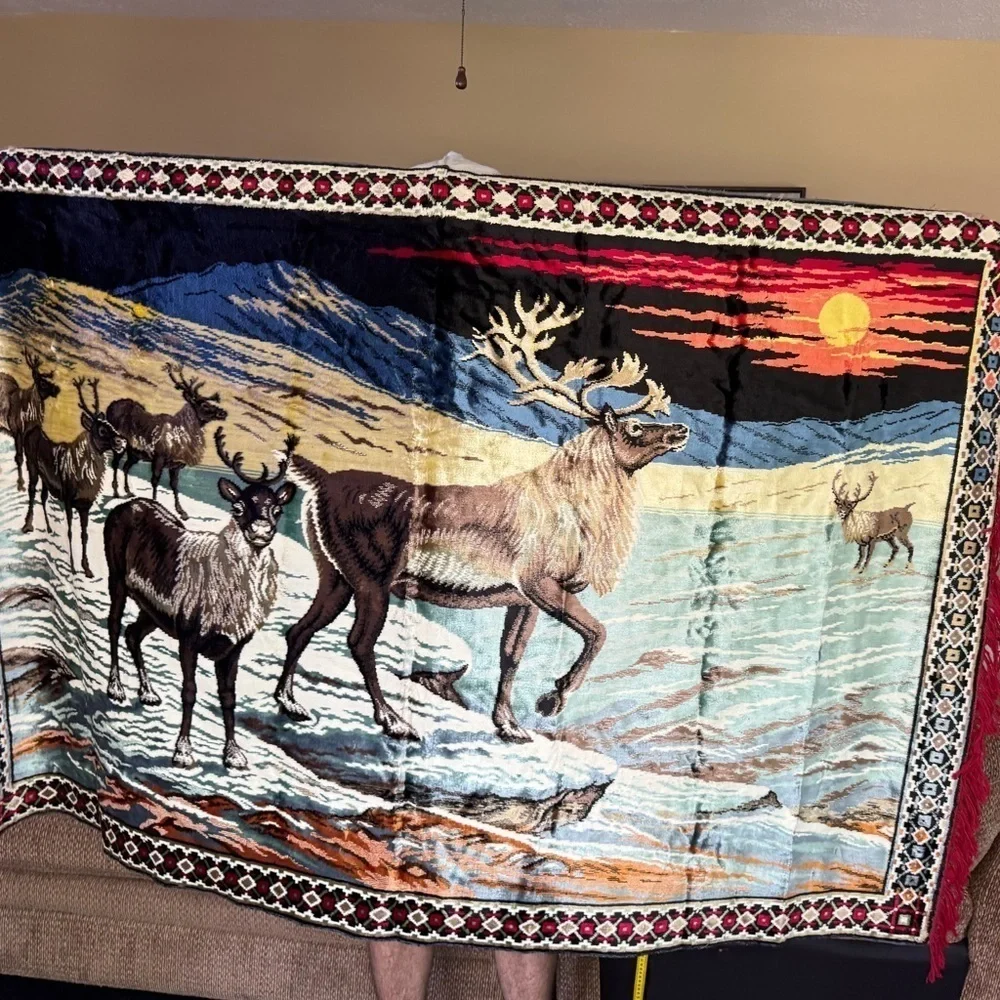 VTG 70's Reindeer Caribou Elk Velveteen Christmas Cabin Tapestry Decor BIG